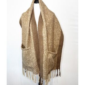 Womens Shawl Wrap Poncho Herringbone Double Pocket Fringe Tan Brown